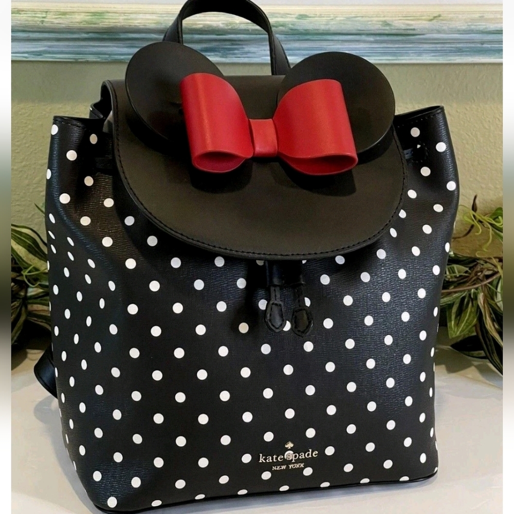 KATE SPADE DISNEY MINNIE MOUSE BACKPACK BLACK WHITE POLKA DOT LEATHER RED BOW - Picture 6 of 9